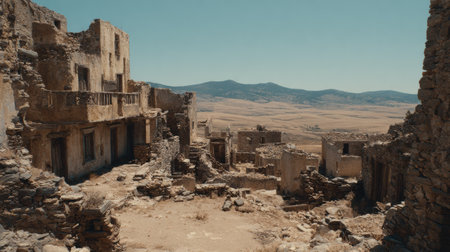 Abandoned ancient settlement features low stone structures surrounded by dust and an open sky, capturing a sense of history and time.の素材