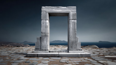 A large stone structure stands firm on the ground, facing the ocean, highlighting the remnants of an ancient empire against the expansive sky.の素材