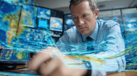 Expert studies weather patterns and uses holographic maps in a high-tech lab to create accurate forecasts for upcoming conditions.の素材
