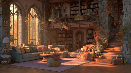 A cozy library inside a castle filled with books, warm light streaming through large windows, inviting people to read and enjoy the atmosphere.の素材