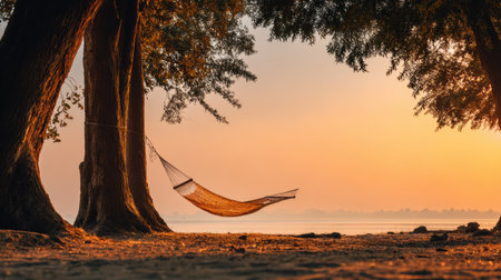 A hammock is set between two trees at sunrise. The light creates a warm scene, inviting people to relax and enjoy nature in a quiet space.の素材
