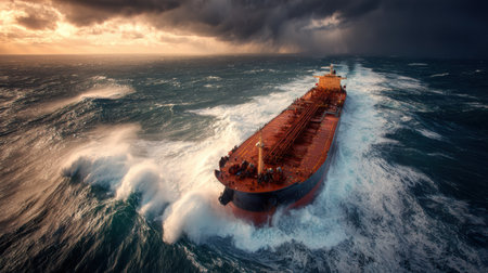 An oil tanker ship sails through turbulent waters with a large hull and crude cargo tanks beneath dark clouds, illustrating power in sea transport.の素材