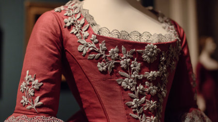 Focus on 18th century dress fabric showing lace and embroidery that highlights craftsmanship and design from the past in a historical context.の素材