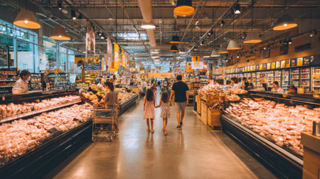 A family shops together in a supermarket, walking down an aisle filled with fresh produce and packaged goods under warm lighting.の素材
