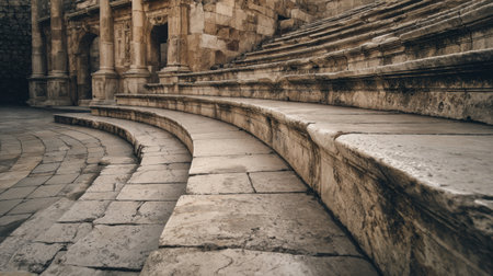 The stone seating of an ancient amphitheater reflects wear and history, inviting reflection on past events and gatherings in this historical space.の素材