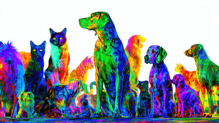 Colorful abstract designs of cats and dogs create a lively scene with spaces for text overlays, suitable for advertising and stock needs.の素材