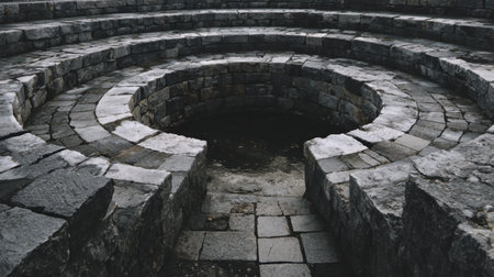 Stone seating in an ancient amphitheater shows worn surfaces and circular designs that tell stories of past gatherings and events.の素材
