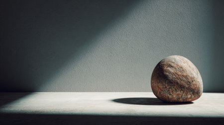 A smooth stone sits on a flat surface with gentle light shining on it. The scene invites thoughts on values and meaning in life.の素材