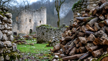 Broken wood and stone remnants fill the ground of an early medieval site, revealing history in a quiet and empty location surrounded by trees.の素材