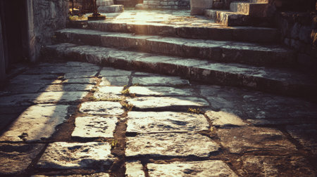 Sunlight highlights the texture of stone pavement and worn stairs in a historic courtyard. Shadows stretch across the ground as the day ends.の素材