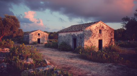 Old stone buildings stand quiet in an ancient settlement under a wide sky. Dust and stone create a tactile atmosphere in this historic place.の素材