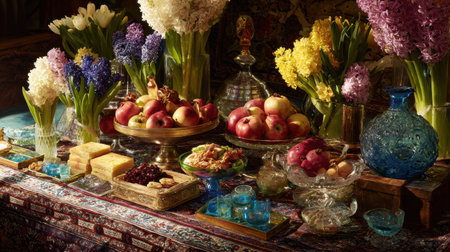 Traditional table set for Nowruz features haft-sin items like apples and hyacinths. This display is perfect for Spring Equinox celebrations.の素材