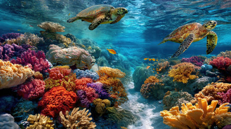 Coral reefs filled with vibrant colors and turtles gliding through the water create a playful, surreal underwater scene with space below for text.の素材