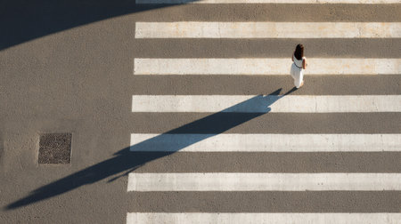 Brunette woman crosses a zebra crossing in the city, her shadow stretching across the asphalt while sunlight creates contrast on the scene.の素材