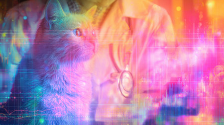 Vet consultation features a colorful tablet displaying nutrition charts, while a cat owner shows excitement about personalized care for their pet.の素材