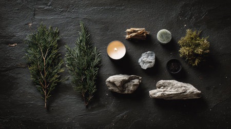The winter solstice setup includes evergreen branches, candles, and natural elements on a dark surface for reflection and grounding.の素材