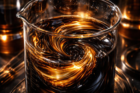 A dark liquid is swirling inside a glass beaker in a lab. Light reflects off the surface, showing movement and texture of the liquid.の素材
