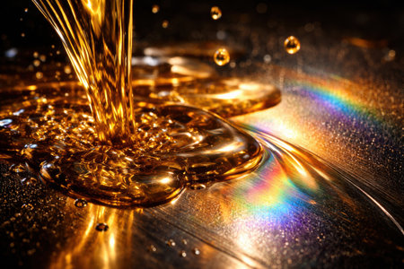 Golden liquid pours smoothly, forming droplets that reflect rainbow colors on a metallic surface in a kitchen or workshop setting.の素材