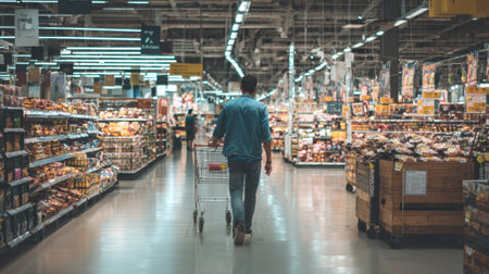 Customer moves through a clean supermarket aisle, guiding a shopping cart among various products and displays.の素材