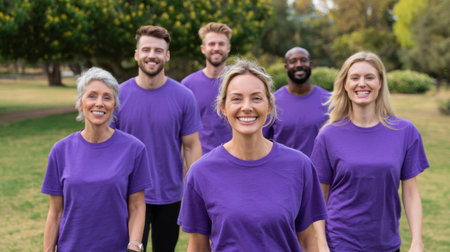 People in purple shirts walk together in a park, showing connection and support for epilepsy awareness with smiles on their faces.の素材