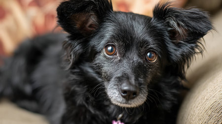 A small black pet on a couch reacts with mild surprise and curiosity while looking around the room during daytime.の素材