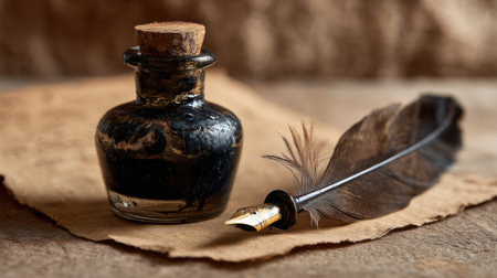 An ink bottle sits next to a feather pen on a piece of parchment, suggesting the act of writing in a historical context.の素材