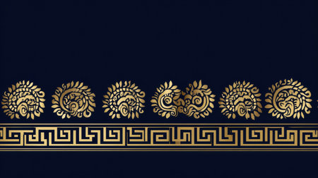 Background shows Greek frieze patterns in gold against a dark backdrop with space for additional content, creating a balanced composition.の素材