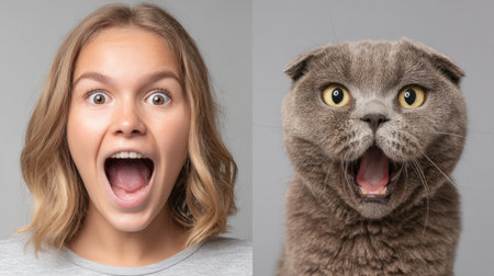 A person and a pet display surprise, sharing a moment of emotion in a neutral environment with plenty of space for text.の素材