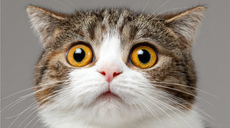 Cat displays a surprised expression with large eyes, using studio lighting to highlight its features against a neutral background.の素材