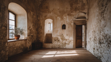 Interior of an old monastery shows a textured wall, windows, and a wooden door, creating a historical space with room for writing.の素材