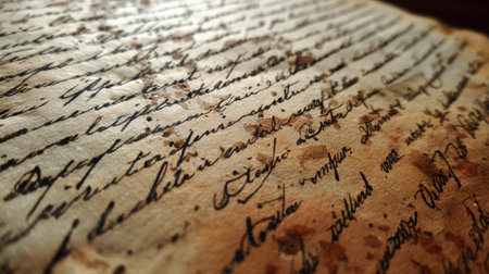 Close view of vintage manuscript paper with aged texture and faded writing resting on a worn wooden surface, highlighting historical craftsmanship.の素材