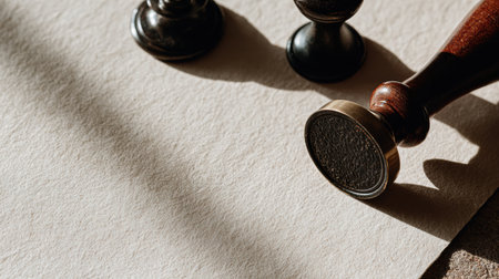 Wax seal and blank parchment are arranged in a flat lay style, showing historical branding elements with light casting soft shadows.の素材