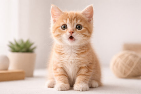 A small orange kitten sits on a table. The kitten looks surprised, with a plant and yarn present in the bright room.の素材
