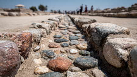 Visitors explore a historical site featuring a stone alignment that represents ancient infrastructure and craftsmanship in a sunny environment.の素材