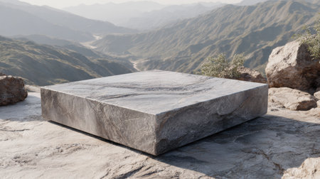 Foundation made of stone is placed on rocky surface in a mountainous area with an open horizon in the background.の素材