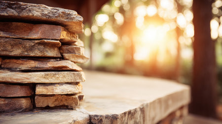 Sunlight filters through trees, highlighting the texture of layered stone walls in a natural outdoor area, inviting quiet thoughts and memories.の素材