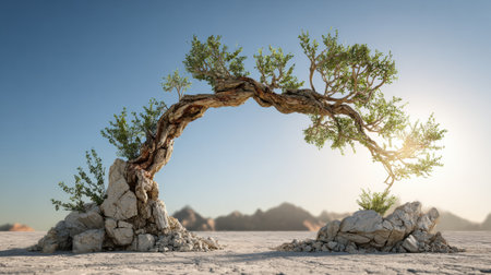 A long arc of growth stands against ancient stone under directional light, showcasing natures strength in a rugged landscape during dusk.の素材