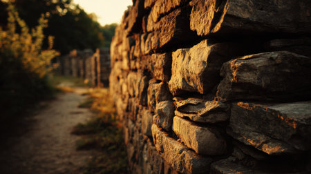 Stone wall shows signs of erosion with soft light creating shadows, illustrating the slow passage of time and its impact on nature and structures.の素材
