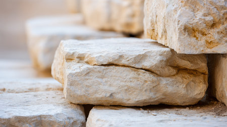 Massive stone blocks create a solid foundation with a rough texture and soft light, providing a strong base and empty space for design.の素材