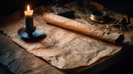 A candle is placed next to a rolled parchment with warm lighting creating a cozy setting. This scene invites curiosity about past adventures.の素材