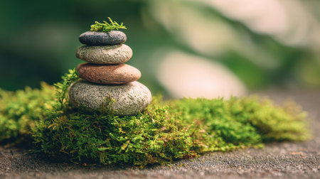 Stones are stacked on soft moss, illustrating a connection between nature and human activity in a simple setting with greenery.の素材