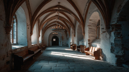 This space features an old monastery interior with stone walls, wooden arches, and benches for visitors to sit. It invites quiet contemplation.の素材