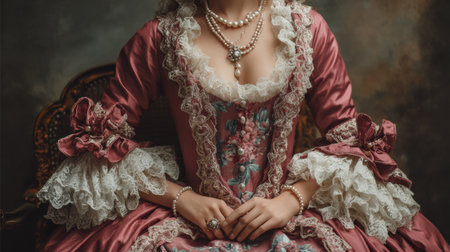 A model showcases detailed dress texture characteristic of a historical era, allowing space for text or design while presenting intricate patterns.の素材