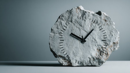Eroded stone displayed as a clock shows time passing in a minimalist setting with an empty space around it.の素材