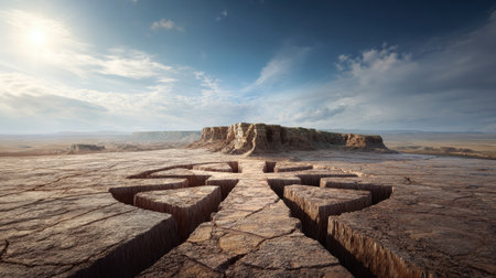 Crossroads carved in stone represent decision making with a wide landscape and a clear sky. Ancient symbols shape the terrain from above.の素材