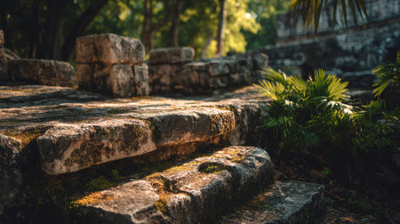 Ancient, moss-covered stones bask in soft daylight filtering through trees, blending history and nature in a warm scene.の素材