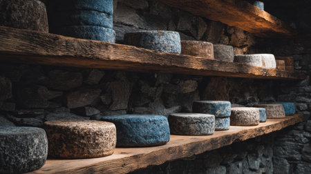 Artisan cheese wheels age on wooden shelves in a stone cellar, highlighting craftsmanship and providing a unique experience for enthusiasts.の素材
