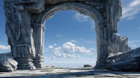 Ancient stone ruins with a partially collapsed arch and clear blue sky create a historic scene during daylight.の素材