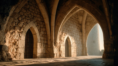 Inside a medieval castle, stone walls and arches are illuminated by soft light from windows, creating a historic atmosphere in a serene setting.の素材
