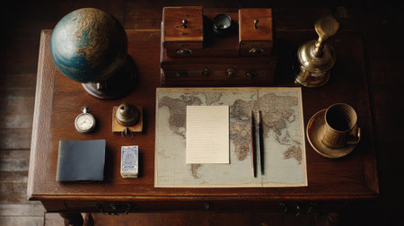 Desk displays a world map, globe, ink pens, and other historical writing tools in a cluttered setup, reflecting past exploration activities.の素材